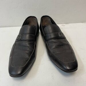 Z‎ Zegna Made in Italy Crosshatch Leather Logo Vamp Loafer in Dark Brown Size 9